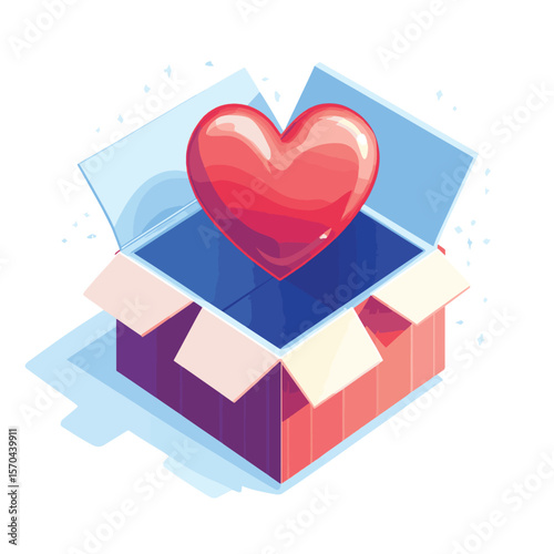 isometric vector icon of heart and open box, in color on white background, donations and charity, vector style simple color