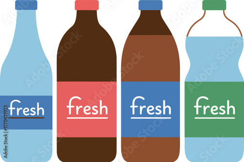 Five bottles of different colored liquids with fresh labels under a light source on a white background