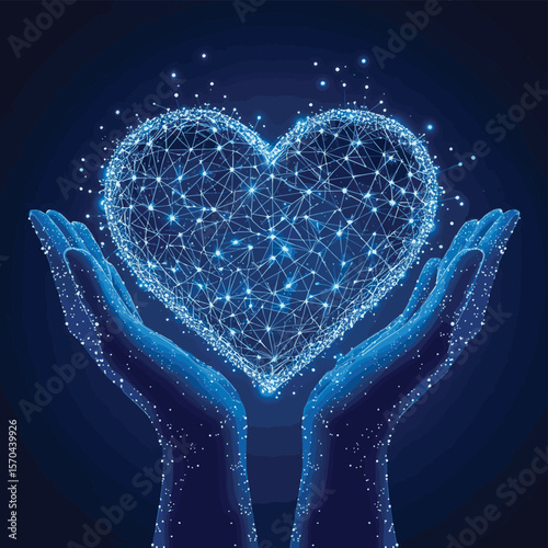 Two hands hold a heart assembled from fragments. Polygonal construction of interconnected lines and points. Blue background