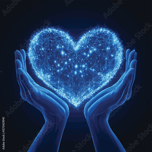 Two hands hold a heart assembled from fragments. Polygonal construction of interconnected lines and points. Blue background