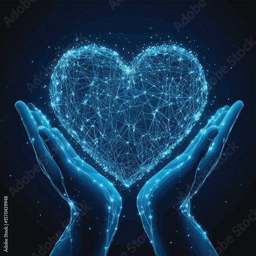 Two hands hold a heart assembled from fragments. Polygonal construction of interconnected lines and points. Blue background