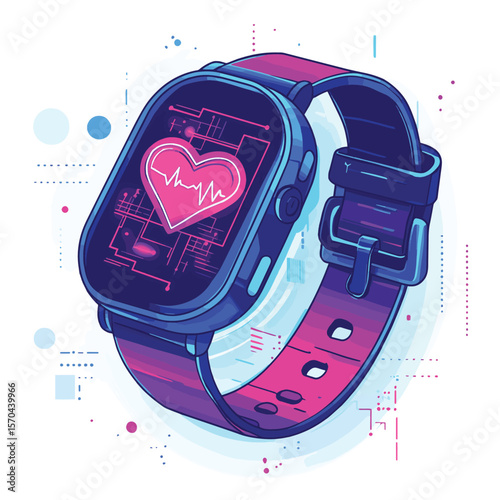 Digital health monitoring and smart wearable fitness heart beat rate tracking device concept art, vector style simple color