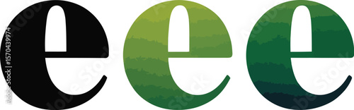 Three lowercase e letters in a row with different colors on a light gray background centered view