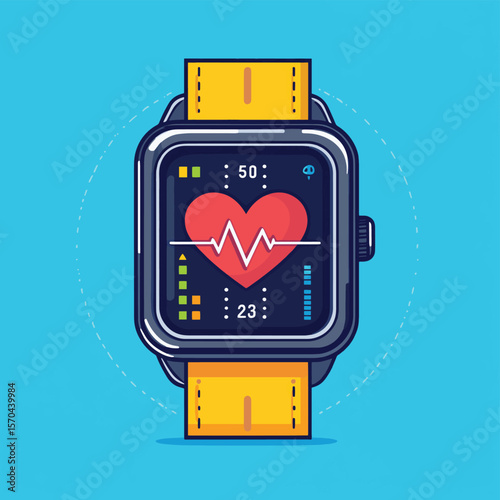 Digital health monitoring and smart wearable fitness heart beat rate tracking device concept art, vector style simple color
