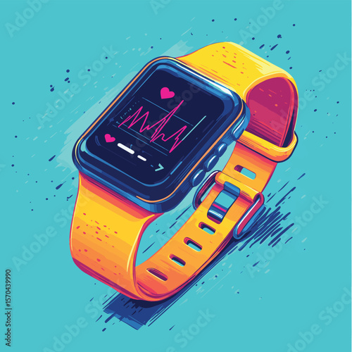 Digital health monitoring and smart wearable fitness heart beat rate tracking device concept art, vector style simple color