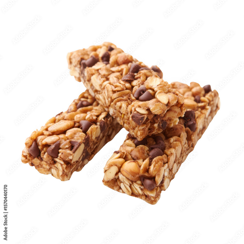 Obraz premium Three delicious chocolate chip granola bars stacked together isolated on transparent background