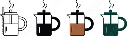 Illustration of four french presses with different colored coffee and steam coming from the top