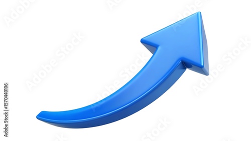 A glossy blue arrow curving upwards conveying concepts of growth, progress, and achievement on a pure white background representing financial gains.