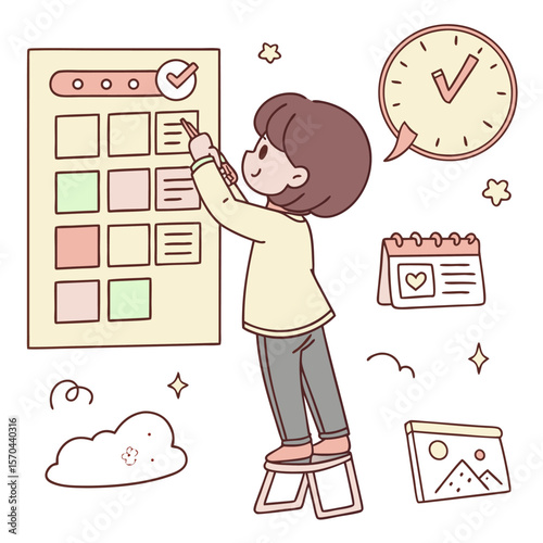 Cartoon girl on a ladder checking off tasks on a board with a clock and calendar in the background