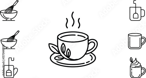 Illustration of teacups, tea bags, mixing bowls, and whisks in a linear black and white style
