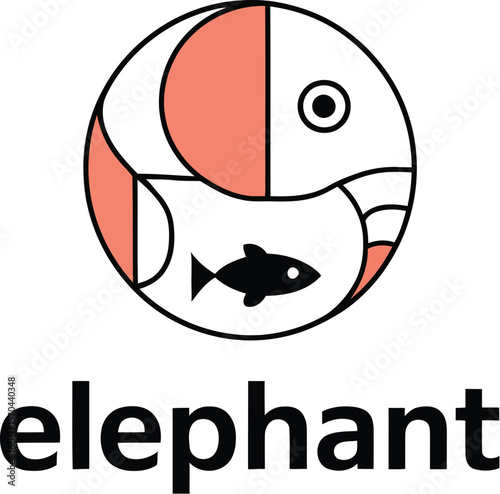 An illustration of an elephant and a fish inside a circle on a light background with the word elephant below