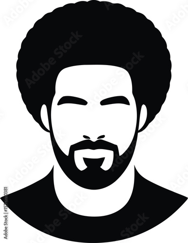 Illustration of a man with an afro beard and mustache in black and white minimalist design style