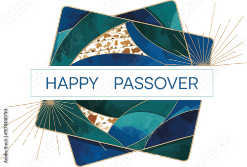 Happy passover greeting card with geometric shapes and matzah design on a light background art style