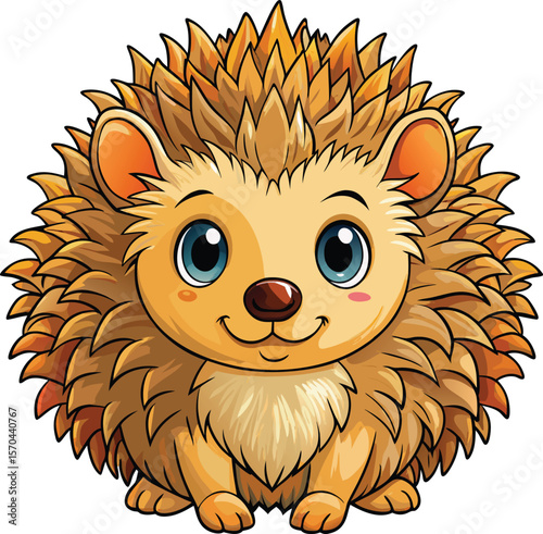 cartoon illustration of a cute baby hedgehog with large bright blue eyes and a warm brown smile