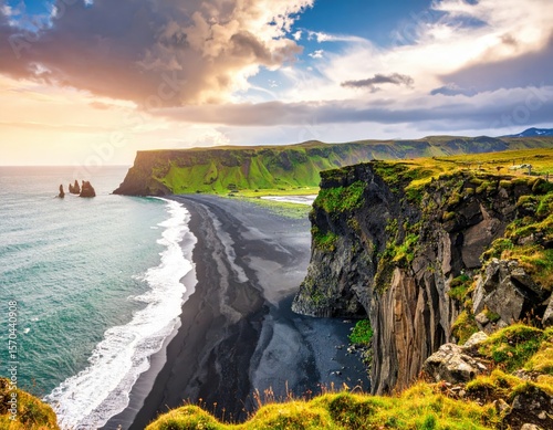 Dramatic Black Sand Beach Sunset in Iceland