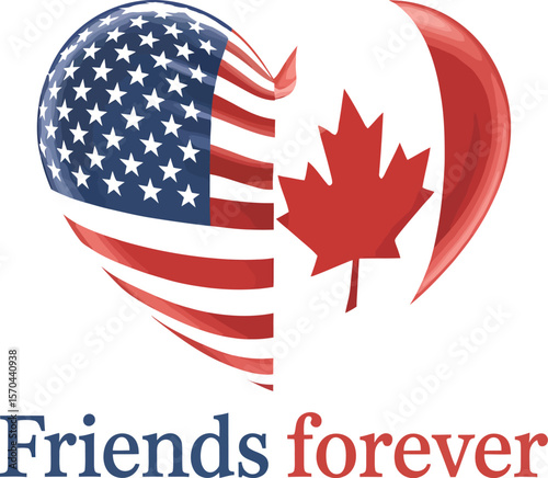 Heart shape split with american and canadian flags and the text friends forever below the heart