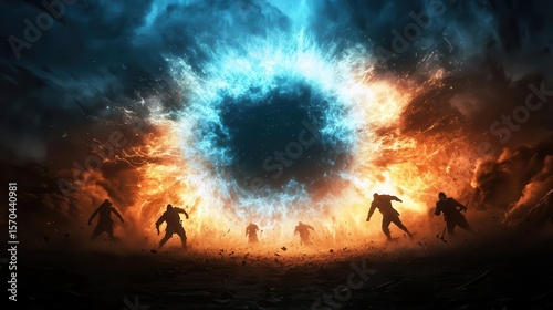 Magical energy explosion in a fantasy battlefield, glowing blue shockwave expanding, warriors caught in midair from the blast