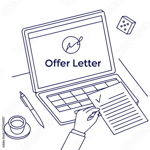 A laptop displaying an offer letter with a hand signing a document and a cup of coffee on the desk
