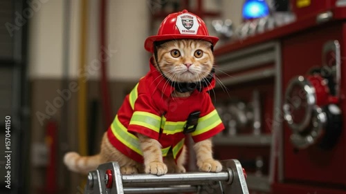 A ginger cat wearing a firefighter's uniform and helmet in a fire station