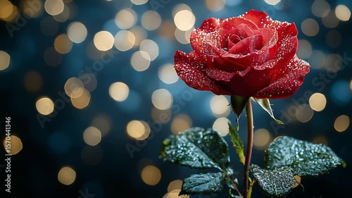 Close-up of a red rose with water droplets, against a backdrop of soft, golden bokeh