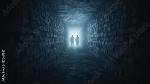 Shadow realm dungeon with shifting walls, eerie whispering voices, and shadowy figures lurking in the darkness