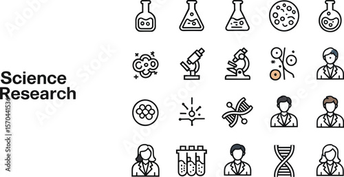 Science research icons on a white surface with beakers microscopes and dna strands in a colorful design