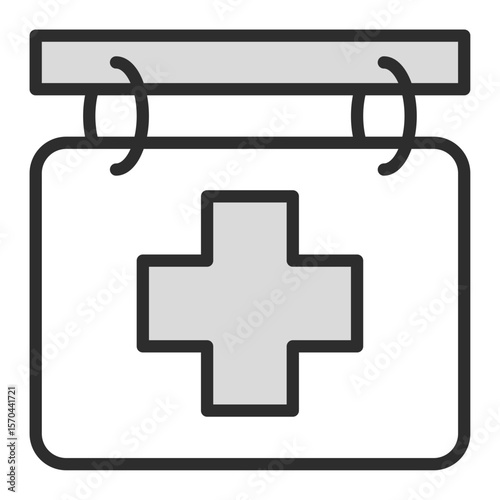 line icon illustration of a rounded square hospital or medical center signboard, hanging from a horizontal bar, featuring a bold centered cross symbol, indicating healthcare facility, pharmacy, clinic