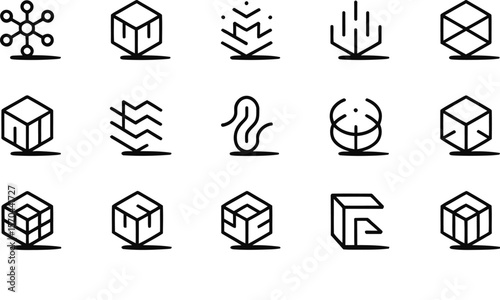 Collection of minimalist line art logos on a gradient background with editable stroke text at the bottom
