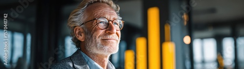 Future return trust with market confidence level concept. Confident businessman with glasses standing in modern office.