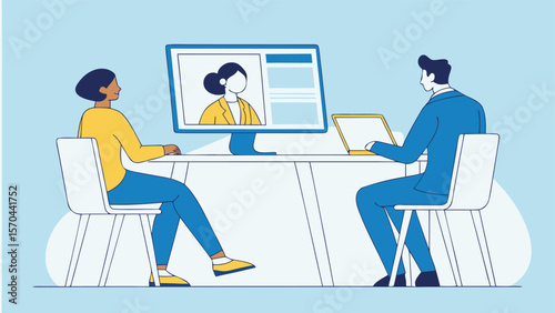 People in virtual meeting with computer and laptop business communication