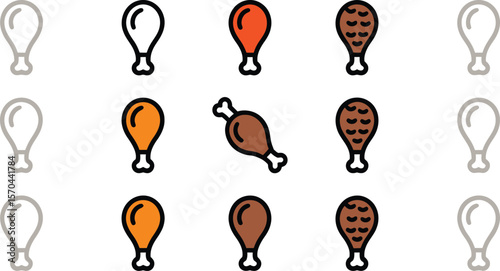 An illustration of chicken drumsticks in various colors and styles arranged on a light background