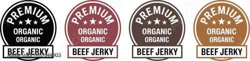 Four premium organic beef jerky labels in different colors on a light background in a horizontal row