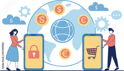 People interacting with phones displaying shopping cart and lock mobile shopping