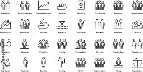 A collection of line art icons depicting population growth, family, and migration on a light background