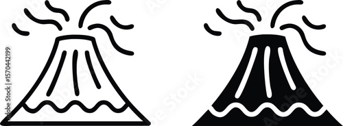 Volcano Eruption Icon Set – Black and White Vector Lava Mountain Symbols with Smoke Illustration