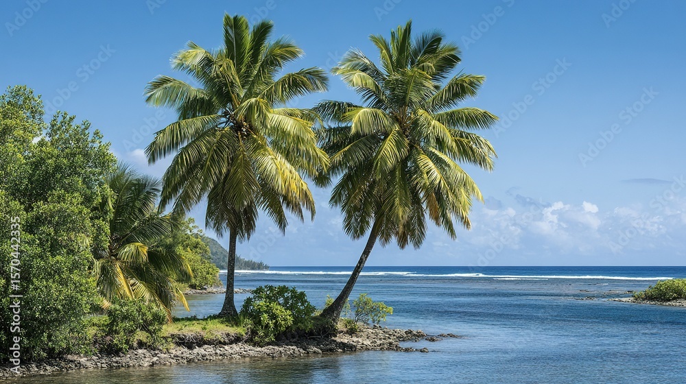 Obraz premium Tropical palm trees stand on a shoreline.