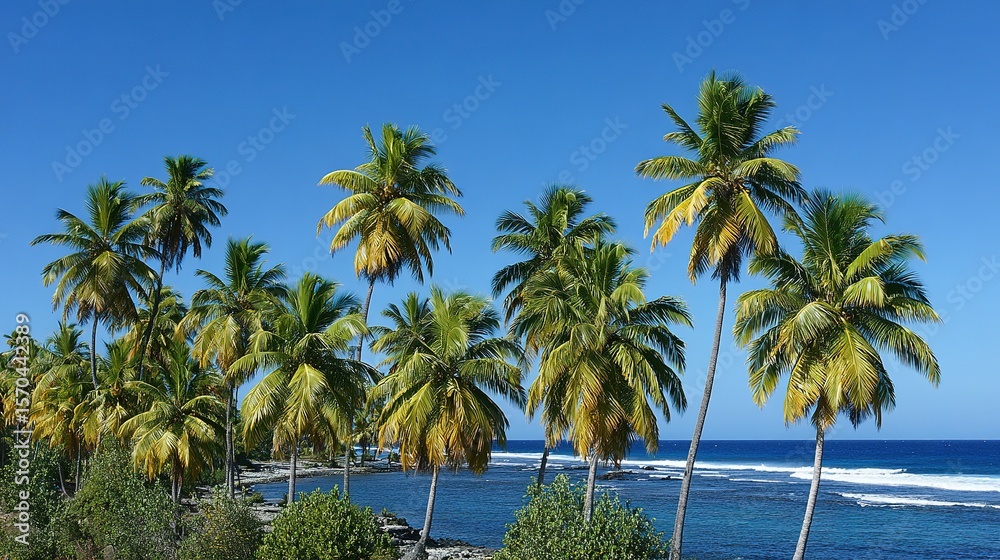 Fototapeta premium Lush tropical palm trees line a tranquil beach scene.
