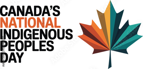 Canada's national indigenous peoples day text with a colorful maple leaf on a light background