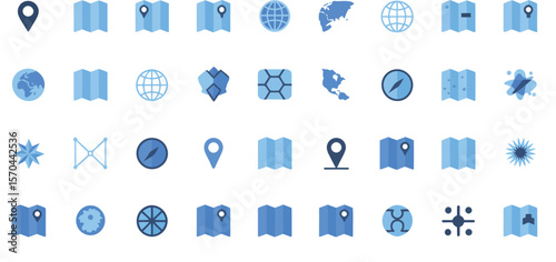 A collection of blue and white icons related to location maps and navigation tools displayed