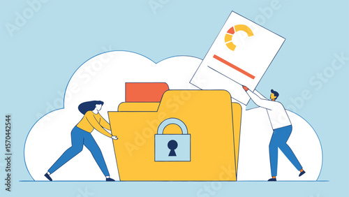 People securing data in a locked folder with charts data security information protection