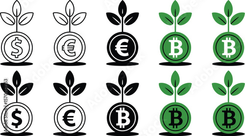 Ten stylized coins with dollar euro and bitcoin symbols and sprouts growing from the top in two rows