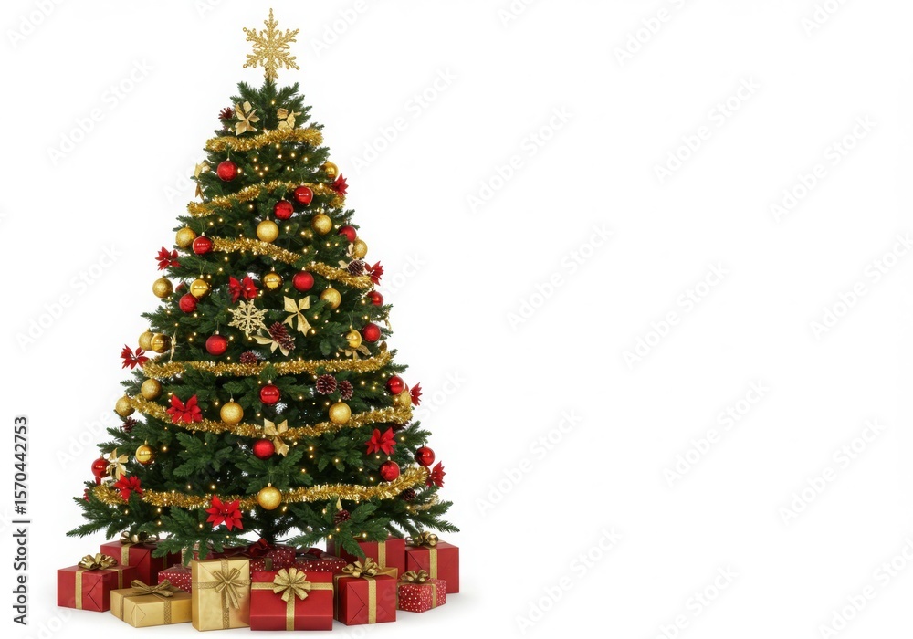Obraz premium Festively decorated christmas tree with gifts and ornaments on white background