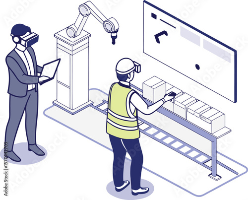 People using virtual reality in factory with robot arm workers safety vest