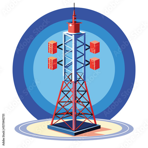 Modern communication tower with red and white structure and blue background silhouette