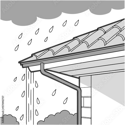 Illustration depicting a house roof with tiles and a gutter system during a rain shower with cloudy skies