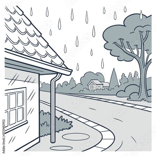 Illustration of a house with a gray roof and a window on a rainy day with a tree and a road nearby
