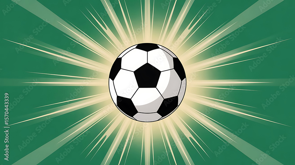 Naklejka premium Soccer ball on a green background with rays. Vector illustration.