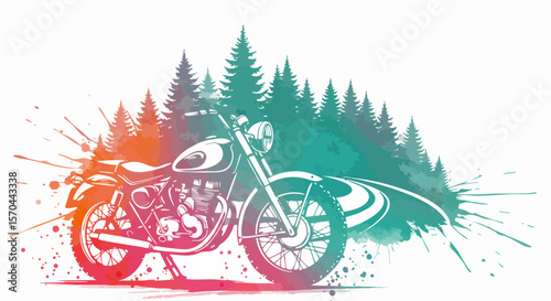 Vector color illustration with classic motorcycle standing on forest road. Classic bike in the forest. EPS 10 version.