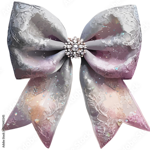 Elegant silver and pink lace bow with rhinestone embellishment isolated on transparent background