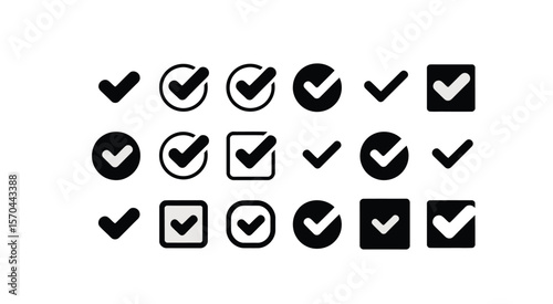 A collection of various black check mark icons displayed on a white background design systems interface